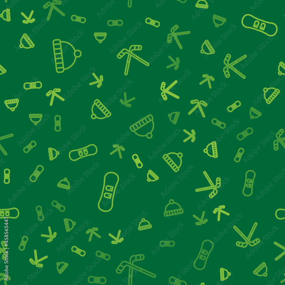Set line Winter hat, Snowboard and Ice hockey sticks on seamless pattern. Vector Set line Winter hat, Snowboard and Ice hockey sticks on seamless pattern. Vector