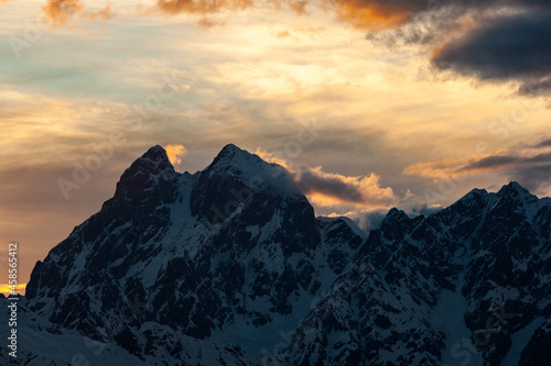 View of Mount Ushba in sunseti. Svaneti region of Georgia © k_samurkas