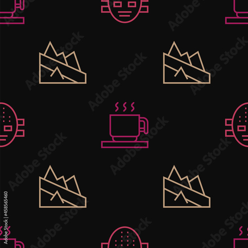 Set line Hockey mask, Mountain descent and Hot chocolate cup on seamless pattern. Vector