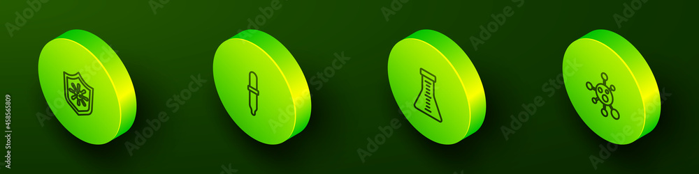 Set Isometric line Shield protecting from virus, Pipette, Test tube and flask and Molecule icon. Vector Set Isometric line Shield protecting from virus, Pipette, Test tube and flask and Molecule icon. Vector