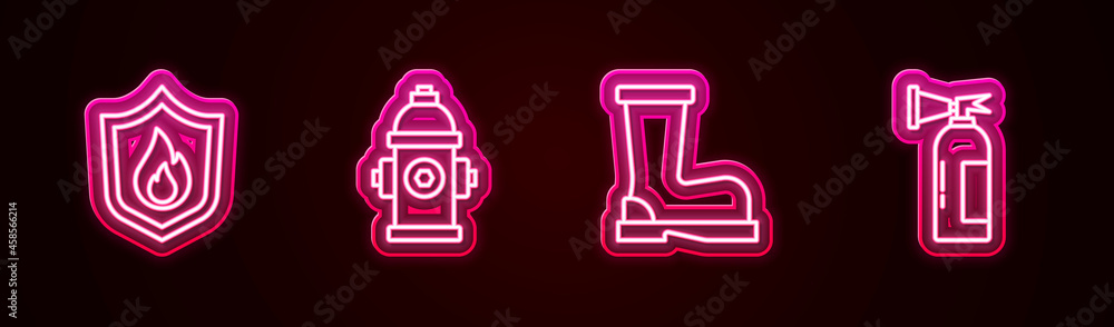Set line Fire protection shield, hydrant, boots and extinguisher. Glowing neon icon. Vector Set line Fire protection shield, hydrant, boots and extinguisher. Glowing neon icon. Vector
