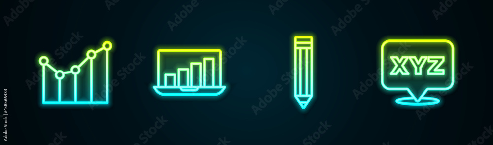Set line Graph, schedule, chart, diagram, Laptop with graph, Pencil and XYZ Coordinate system. Glowing neon icon. Vector Set line Graph, schedule, chart, diagram, Laptop with graph, Pencil and XYZ Coordinate system. Glowing neon icon. Vector