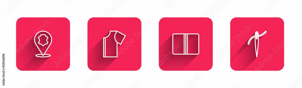 Set line Leather, Sewing pattern, Textile fabric roll and Needle with thread with long shadow. Red square button. Vector Set line Leather, Sewing pattern, Textile fabric roll and Needle with thread with long shadow. Red square button. Vector