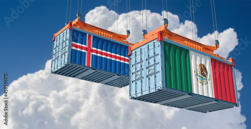 Freight containers with Mexico and Iceland national flags. 3D Rendering 