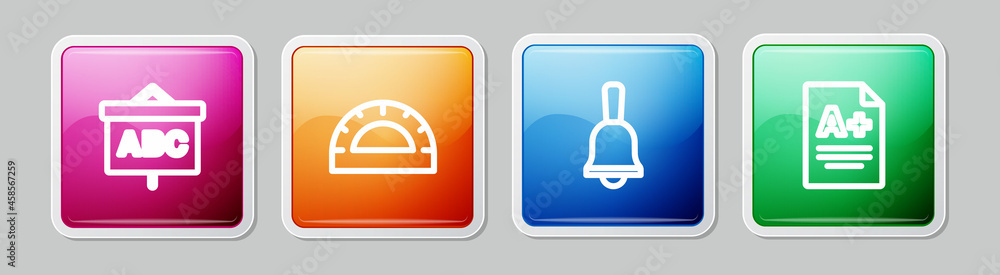 Set line Chalkboard, Protractor grid, Ringing bell and Exam sheet with A plus grade. Colorful square button. Vector Set line Chalkboard, Protractor grid, Ringing bell and Exam sheet with A plus grade. Colorful square button. Vector