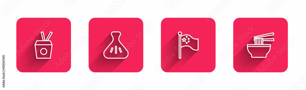 Set line Noodles in box and chopsticks, Dumpling, China flag on flagpole and Asian noodles bowl with long shadow. Red square button. Vector Set line Noodles in box and chopsticks, Dumpling, China flag on flagpole and Asian noodles bowl with long shadow. Red square button. Vector
