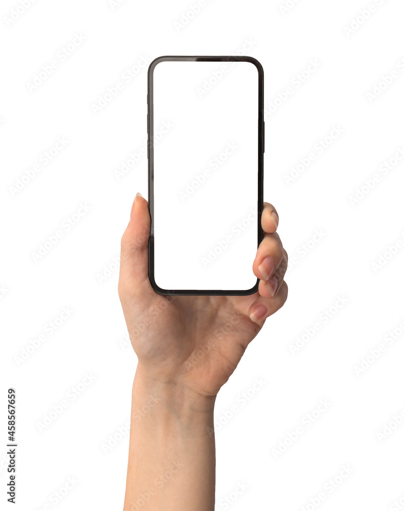 Mobile phone mockup screen in female hand isolated on a white background photo Mobile phone mockup screen in female hand isolated on a white background photo