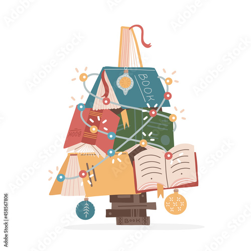 Christmas tree made of colorful books and xmas balls and garland. Cute bright design of books. Home library or bookstore decoration. Flat vector illustration.