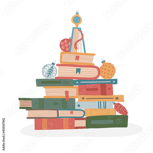 Pine tree made of pile of books for Christmas books festivals or sales of bookstores. Creative design in shape of decorated fir tree with Retro baubles and balls. Flat vector illustration.