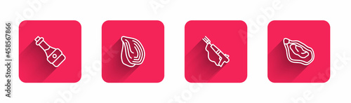 Set line Soy sauce bottle, Mussel, Fishing harpoon and with long shadow. Red square button. Vector