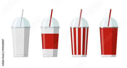 Disposable paper beverage cup templates set for soda or cocktail with transparent hemisphere lid. Blank white, big red, striped cardboard soft drinks packaging collection vector flat illustration