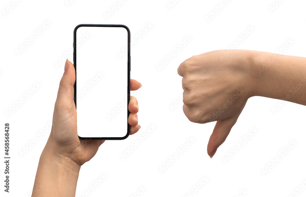 Mobile phone mockup screen and dislike gesture isolated on a white background photo Mobile phone mockup screen and dislike gesture isolated on a white background photo