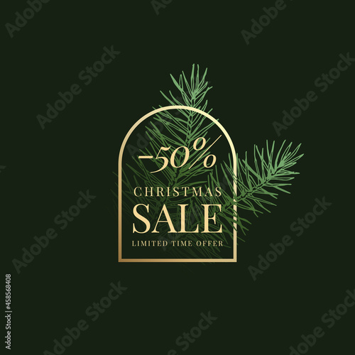 Christmas Season Sale Vector Label  Sign or Card Template. Hand Drawn Spruce Branches Fading into Dark with Golden Arch Framed Typography. Holiday Promo or Advertising Banner Background