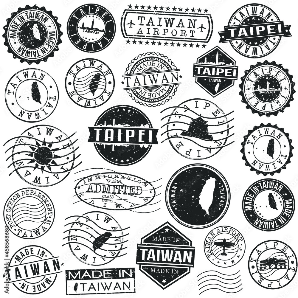 Obraz premium Taipei, Taiwan Set of Stamp. Vector Art Postal Passport Travel Design. Travel and Business Seals.
