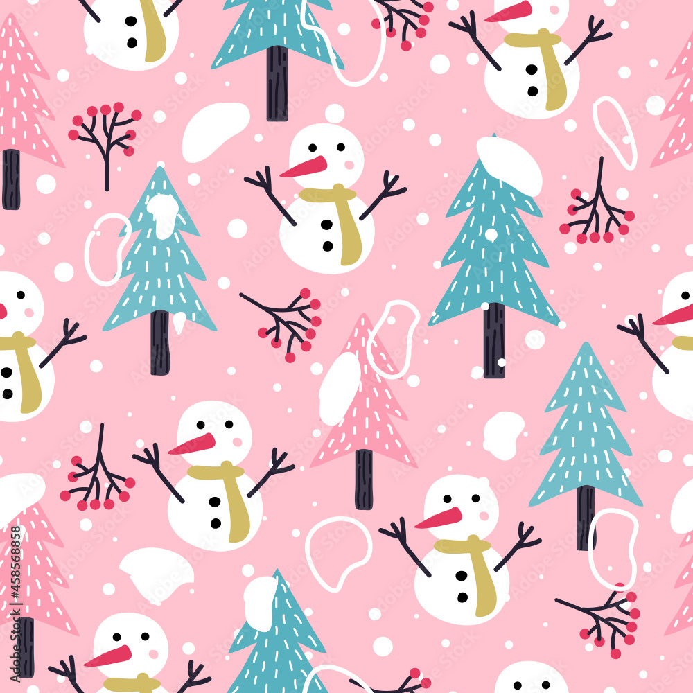 Christmas seamless pattern with Christmas tree, snowman, snow, berries on pink background. Hand drawn christmas vector. Christmas seamless pattern with Christmas tree, snowman, snow, berries on pink background. Hand drawn christmas vector.