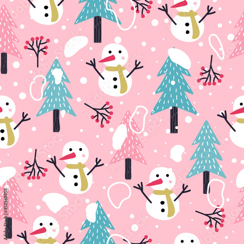 Christmas seamless pattern with Christmas tree, snowman, snow, berries on pink background. Hand drawn christmas vector.