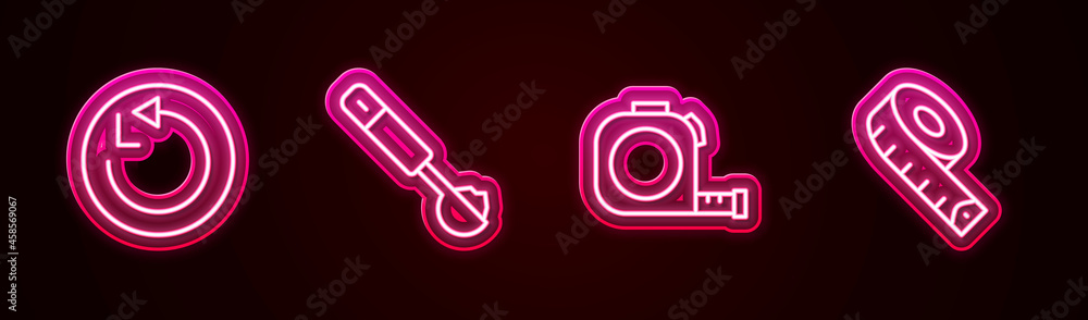Set line Radius, Measuring spoon, Roulette construction and tape. Glowing neon icon. Vector Set line Radius, Measuring spoon, Roulette construction and tape. Glowing neon icon. Vector