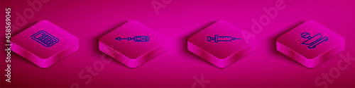 Set Isometric line Calculator, Laser distance measurer, Syringe and Scales icon. Vector