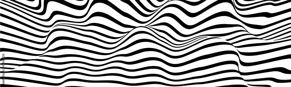 Optical illusion curve wave. Abstract vector background with black and white lines. Pattern distorted textures.