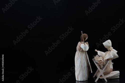 Christmas nativity scene with three Wise Men presenting gifts to baby Jesus, Mary Joseph Christmas card