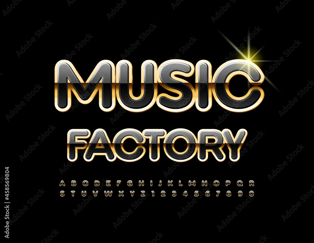 Vector creative sign Music Factory. Stylish Black and Gold Font. Modern Alphabet Letters and Numbers set Vector creative sign Music Factory. Stylish Black and Gold Font. Modern Alphabet Letters and Numbers set