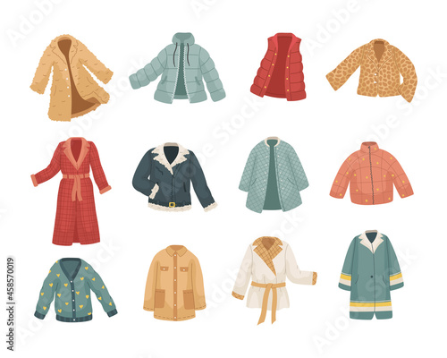 Vector set of vinter clothes. Different types of coats and jackets.