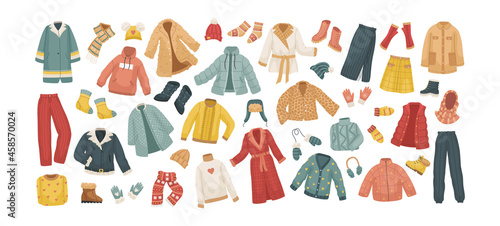 The vector set of winter clothes. Coats  hats  gloves  shoes and socks.