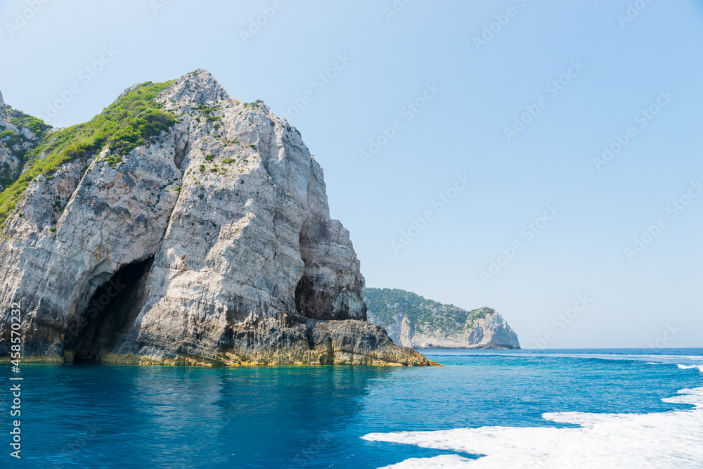 rocky coast of greek island and sea view, landscape greece view from boat