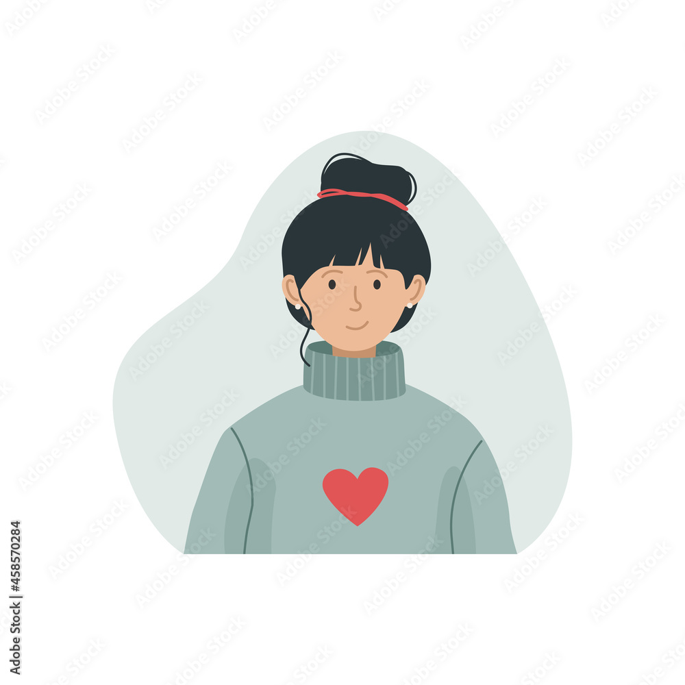 Vector illustration of a girl in a warm knitted sweater with a high neck. Winter clothing. Vector illustration of a girl in a warm knitted sweater with a high neck. Winter clothing.