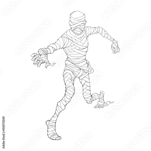 Egyptian Pharaoh Mummy crawling and reaching out. Halloween character design. Black and white line drawing isolated on white background. EPS10 Vector illustration.