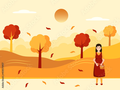 Landscape of autumn season and women holding basket full of leaves and beautiful colorful yellow background with fall leaves