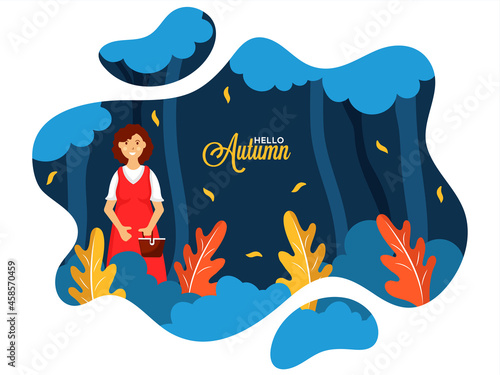 Hello autumn font with women holding basket collecting leaves and fall leaves decorated minimal background