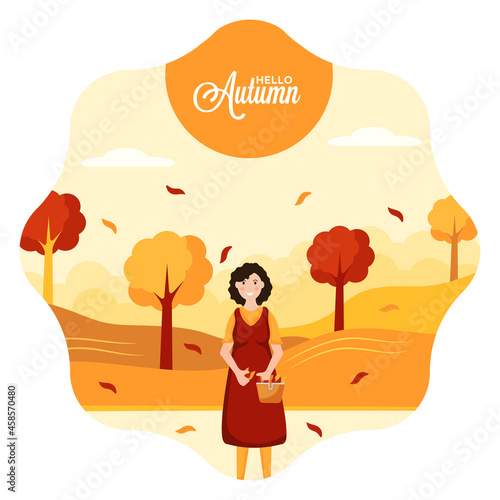 Hello autumn season and women holding basket full of leaves in creative minimal background