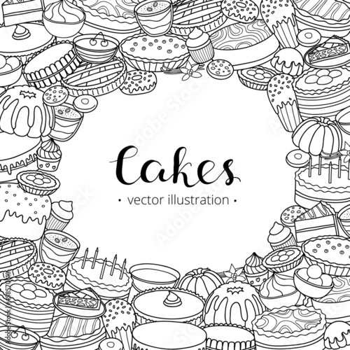 Background with doodle cakes and desserts.