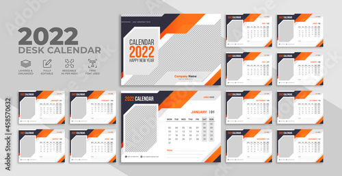 2022 corporate business print ready desk calendar template design. New year modern office calendar with abstract geometric graphic. Annual or monthly planner with logo and icon.     