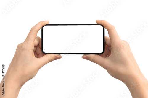 Hands with horizontally screen mockup isolated on a white background, mobile phone