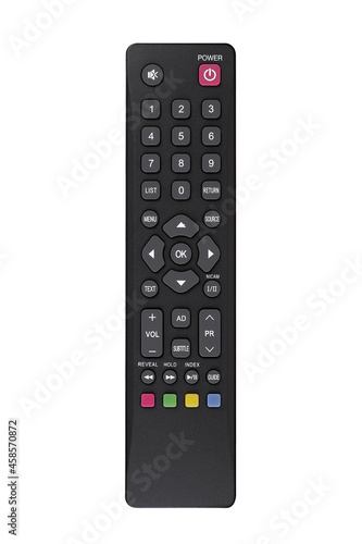 Top view of black modern remote controller from TV set with colorful buttons on white isolated background