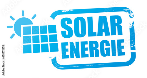 Solarenergie - Stempel mit Symbol und deutschem Text - Sonne und Solarzellen -Vektor Illustration