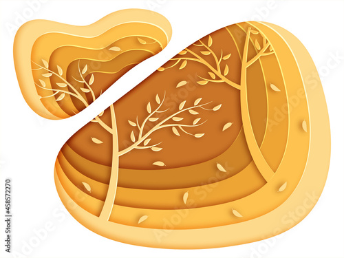 Layer cut or paper cut creative design background of autumn season with fall leaves and tree