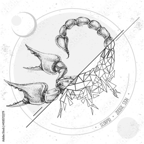 Realistic hand drawing and polygonal scorpion illustration. Magic card with Scorpio zodiac sign
