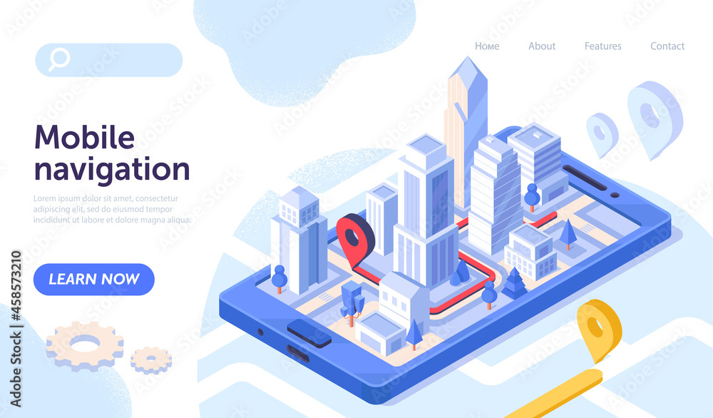 Smartphone with city view map on screen as a mobile navigation application. Mobile navigation with location pin. Website, web page, landing page template. Isometric cartoon vector illustration Smartphone with city view map on screen as a mobile navigation application. Mobile navigation with location pin. Website, web page, landing page template. Isometric cartoon vector illustration