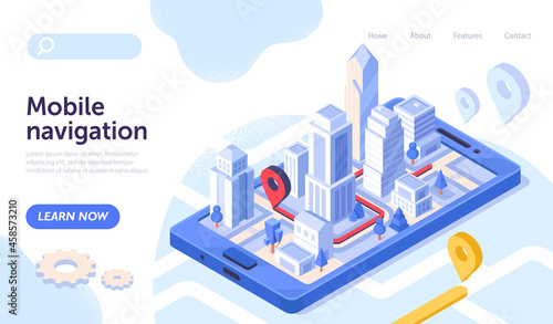 Smartphone with city view map on screen as a mobile navigation application. Mobile navigation with location pin. Website, web page, landing page template. Isometric cartoon vector illustration