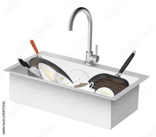 Vector kitchen sink with dirty dishes