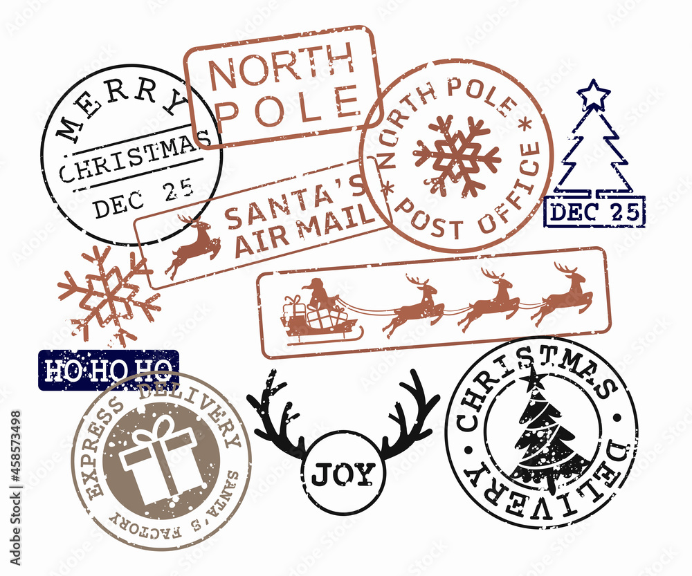 Christmas Stamps vector Set. Santa Claus North Pole Design.