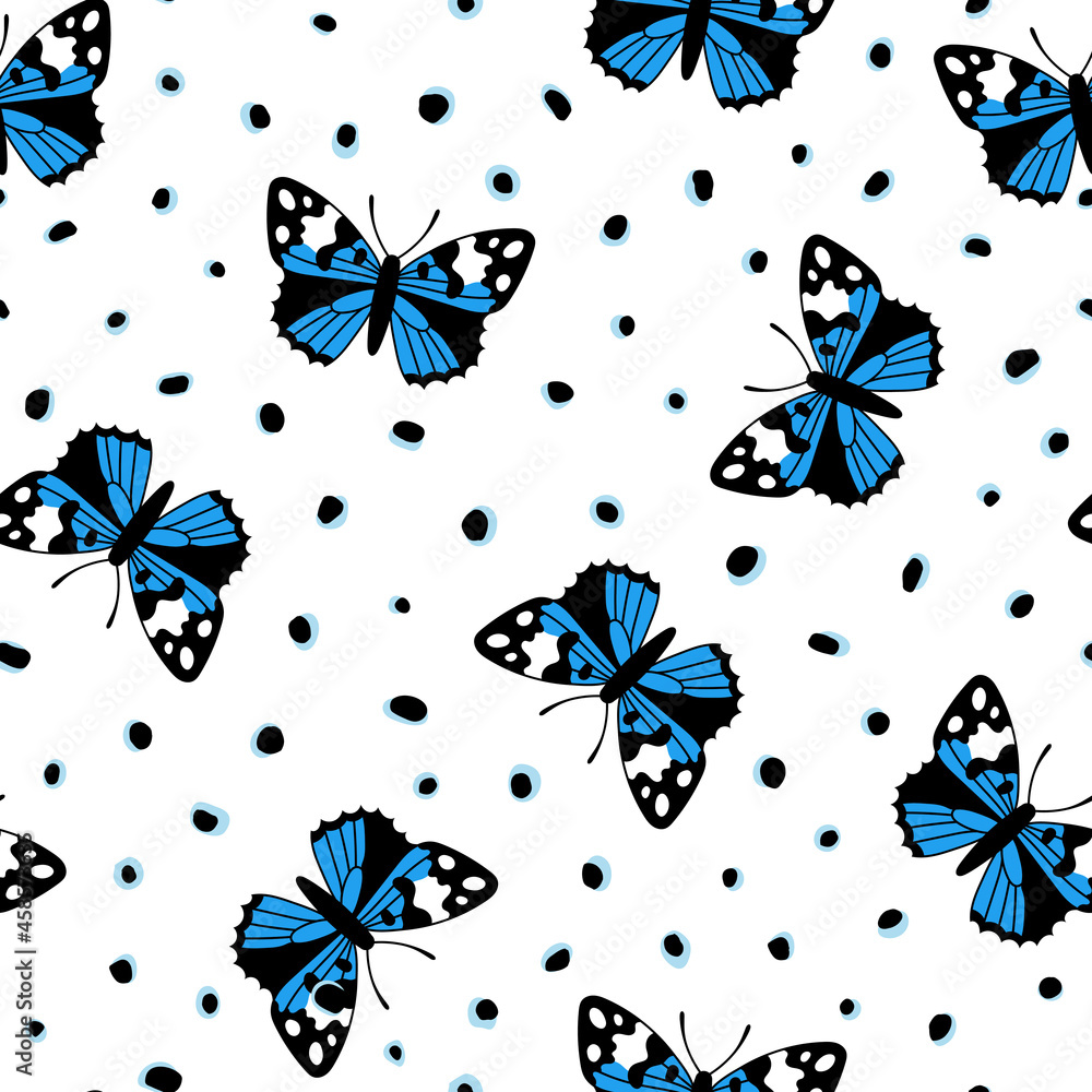 Seamless pattern with blue butterflies on dotted background. Hand drawn vector illustration. Texture for print, textile, fabric, packaging. Seamless pattern with blue butterflies on dotted background. Hand drawn vector illustration. Texture for print, textile, fabric, packaging.