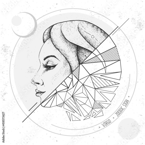 Realistic hand drawing and polygonal woman head illustration. Magic card with Virgo zodiac sign