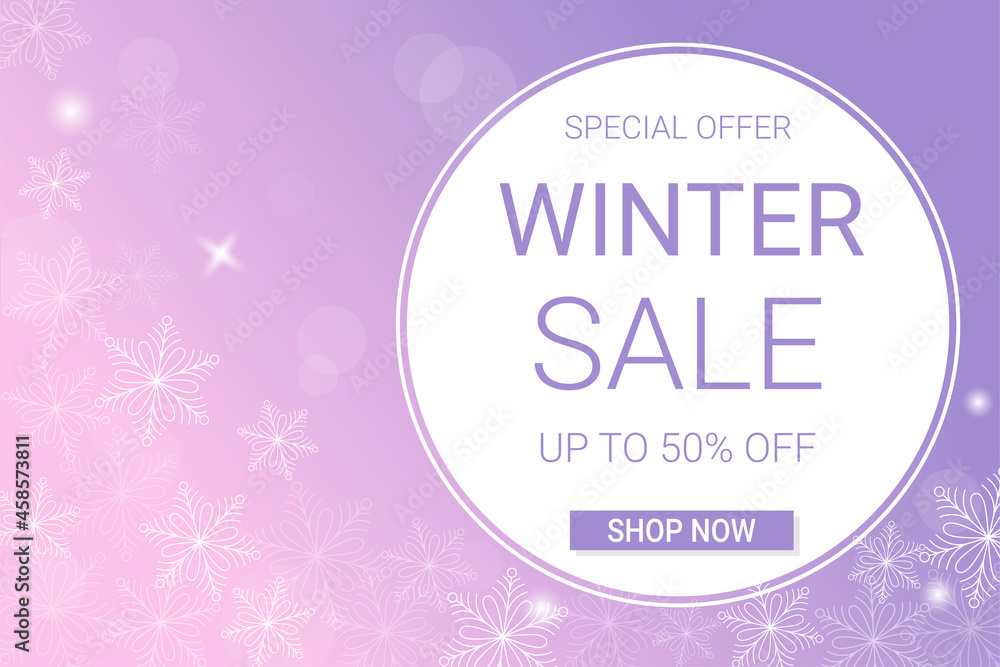 Winter sale horizontal banner template. Discount text on pink and purple gradient background with snowflakes