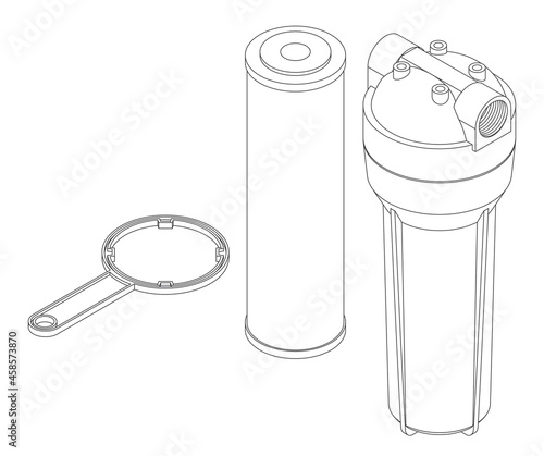 Vector set of line art water filter cartridge, base box and wrench