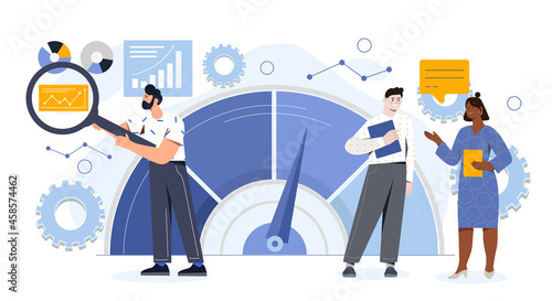 Modern benchmarking as business compare tool for improvement. Concept of performance, quality and cost comparison to competitor companies. Flat cartoon vector illustration photo