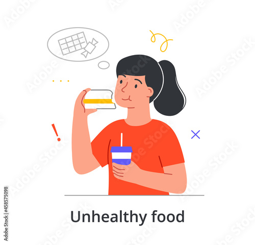 Young female character is suffering from alcoholism on white background. Concept of different people struggling with unhealthy food habits in life scenes. Flat cartoon vector illustration